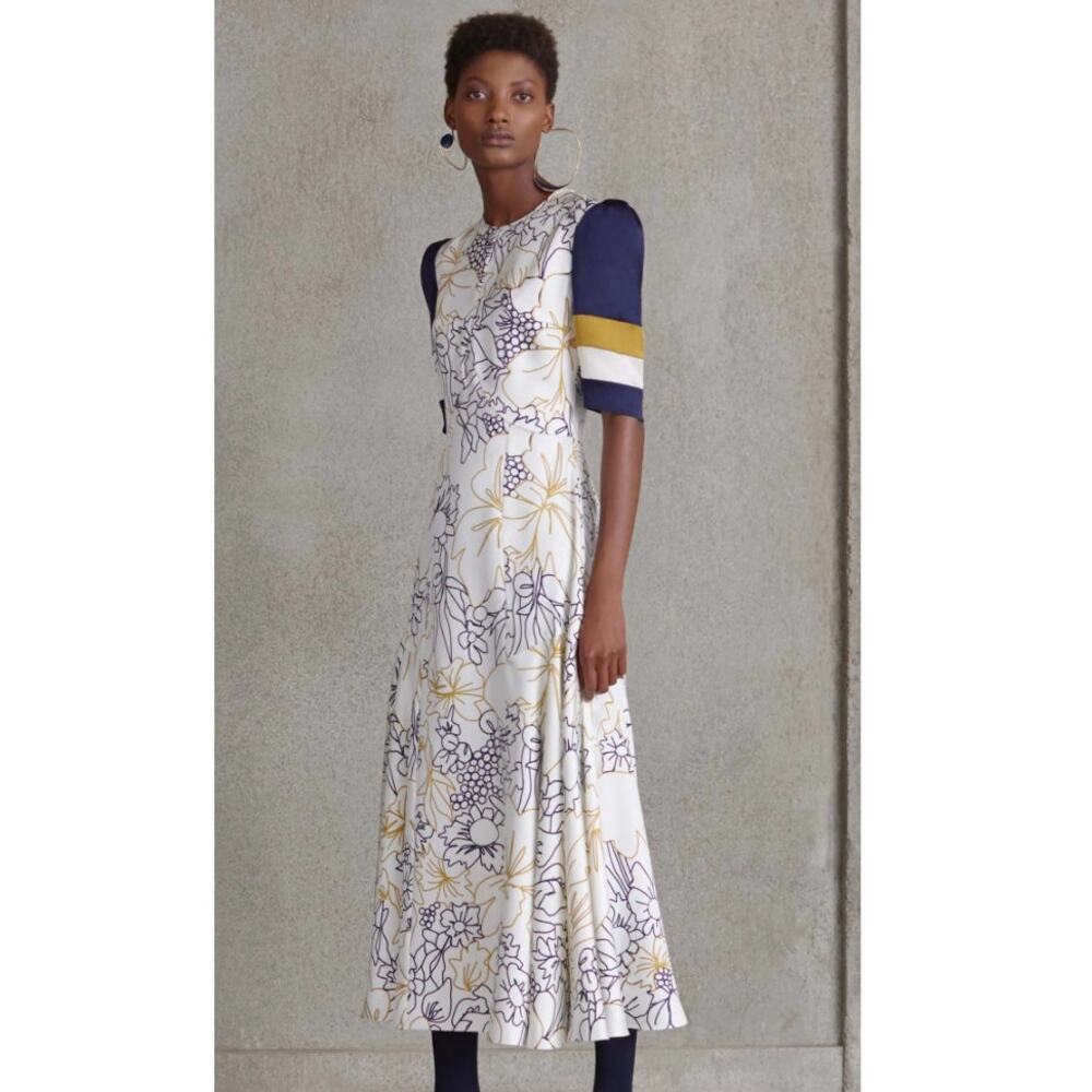 Roksanda Ilincic Silk Floral Midi Dress Stripe Sleeves S/6